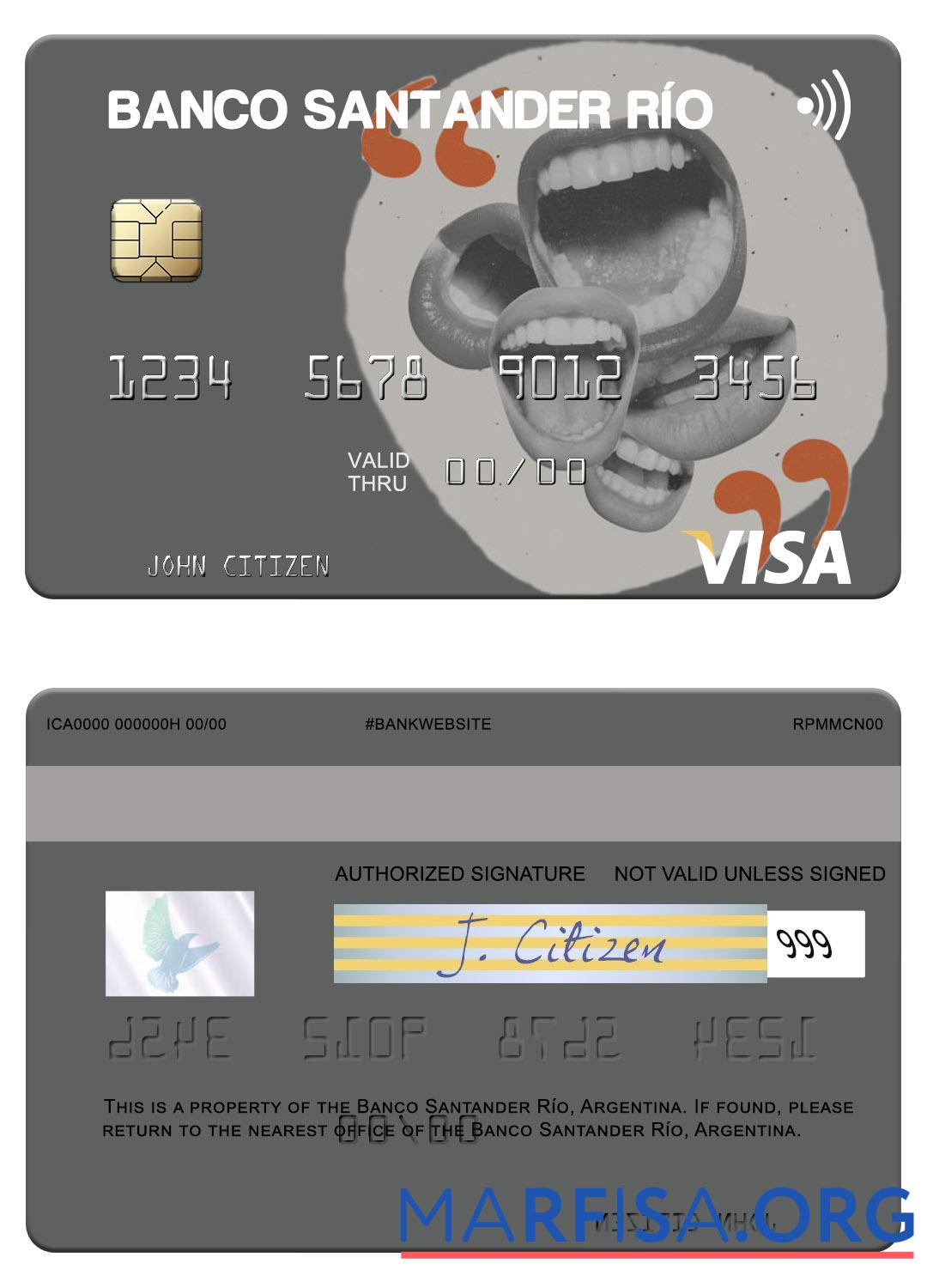Realistic Argentina Banco Santander Río visa card example